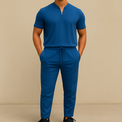 Men's Summer Waffle Collar Zipper Set