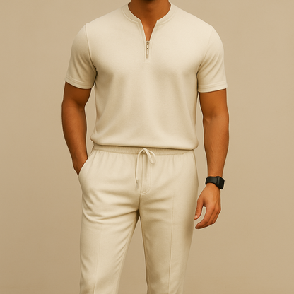 Men's Summer Waffle Collar Zipper Set