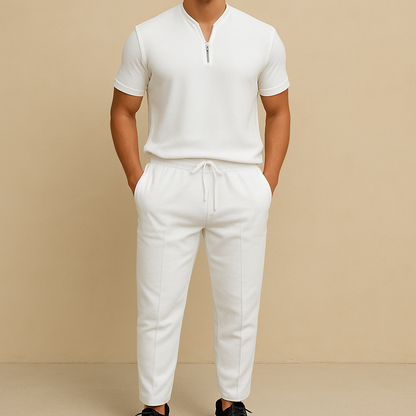 Men's Summer Waffle Collar Zipper Set