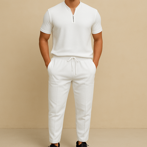 Men's Summer Waffle Collar Zipper Set