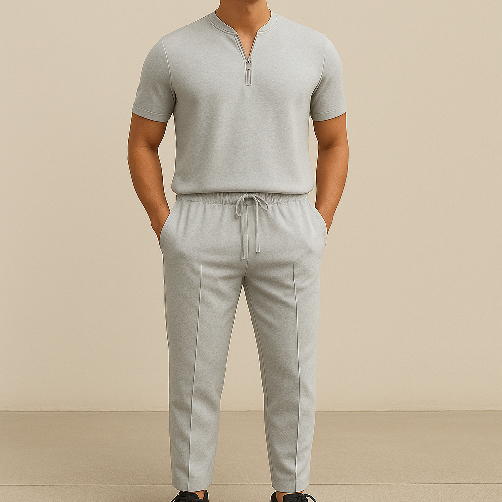 Men's Summer Waffle Collar Zipper Set