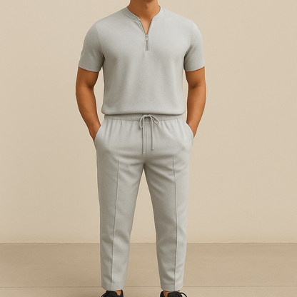Men's Summer Waffle Collar Zipper Set
