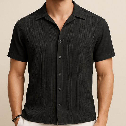 Black Cotton Pleated Beach Shirt