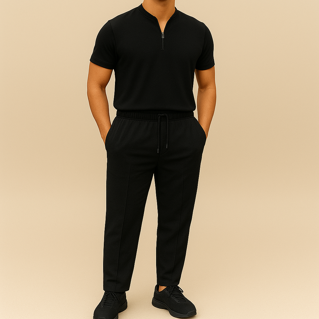 Men's Summer Waffle Collar Zipper Set